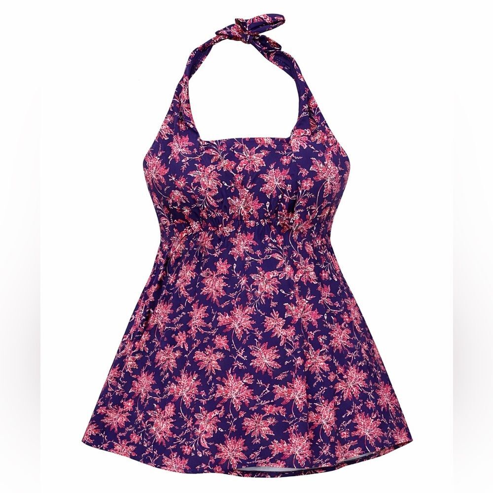 Lands' End Floral Swimdress Women 20W 22W Halter Tummy Control One Piece Swim